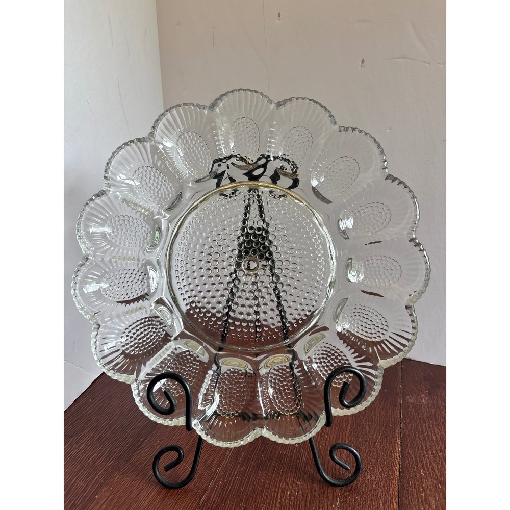 Vintage Thousand Eyes Clear Glass Deviled Egg Platter Hobnail Serving Tray 11in